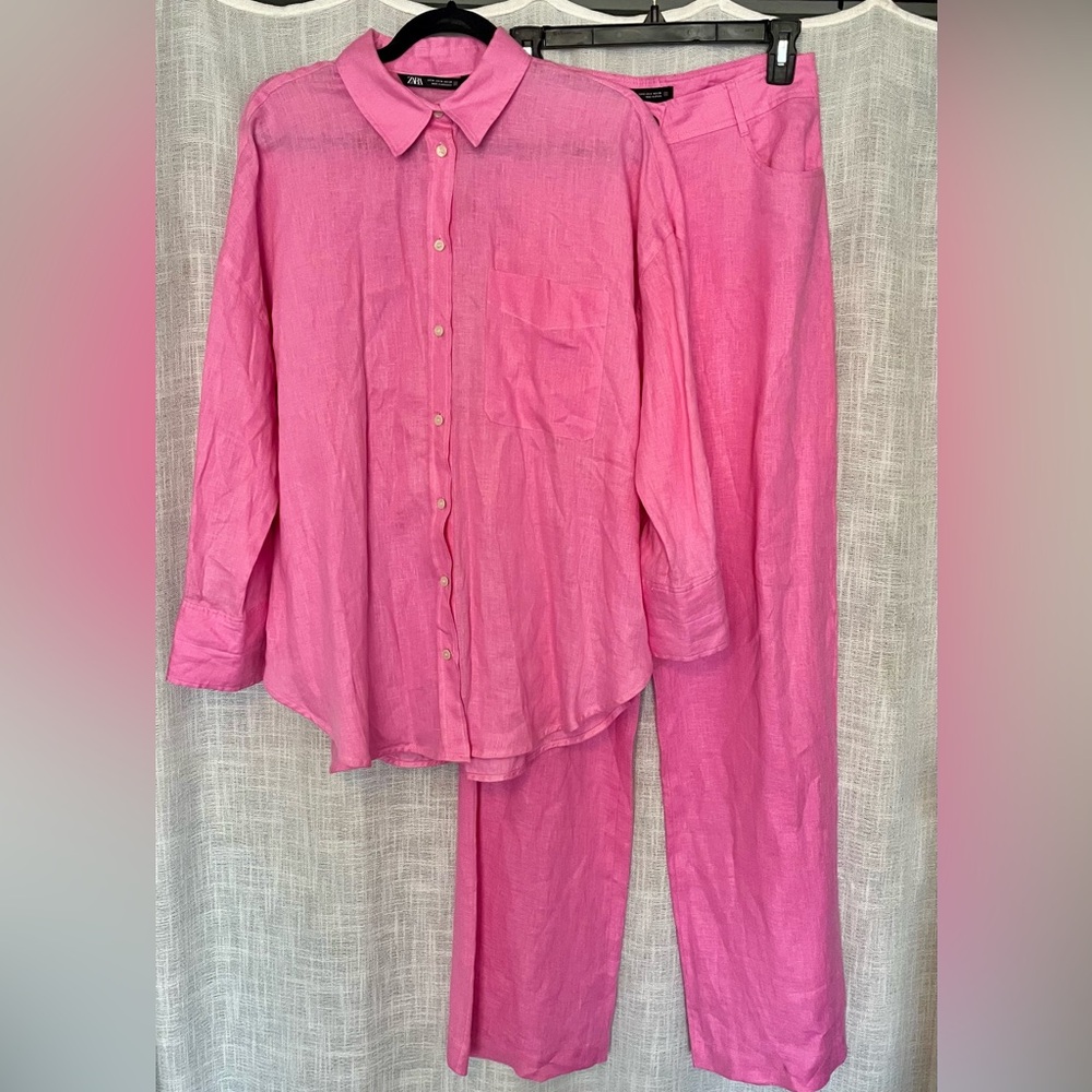 ZARA Linen Pink Button-Up Shirt and Pants Set